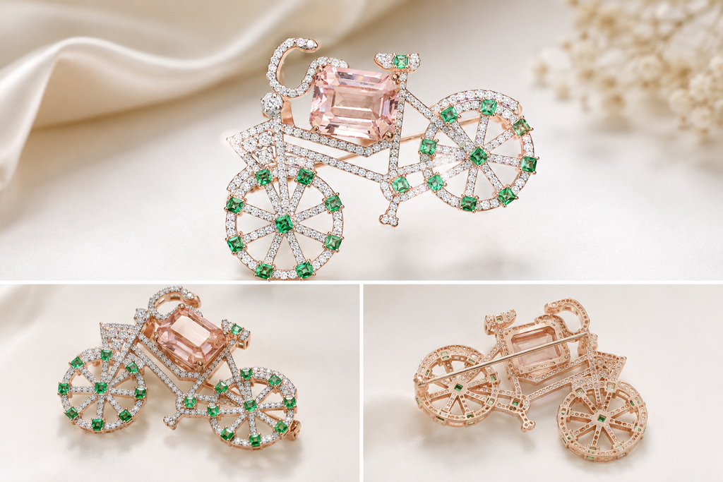 Morganite, Tsavorite & Diamond Carriage Brooch – N916