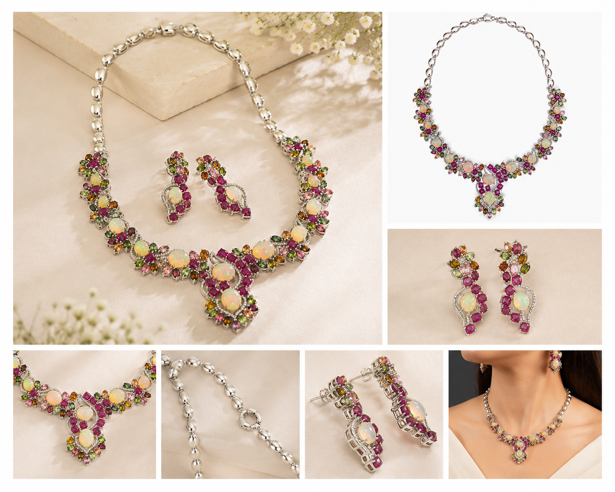 Ethiopian Opal, Ruby & Tourmaline Diamond Necklace & Earring Set J-1517