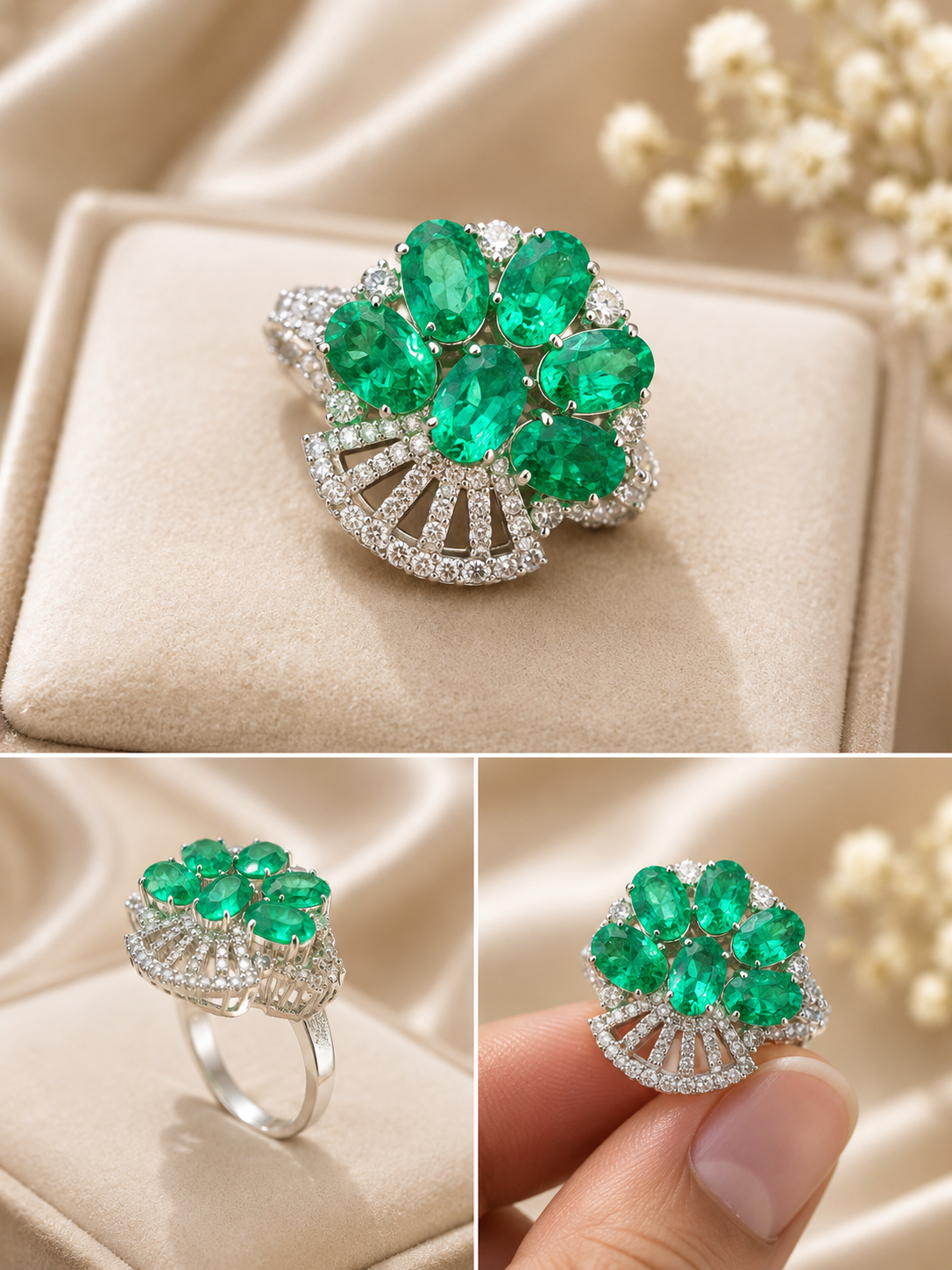 Emerald Cluster & Diamond Ring – H 2748