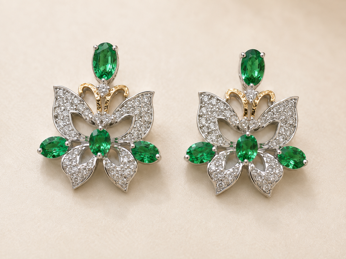Tsavorite Garnet & Diamond Lotus Flower Earrings – N3859
