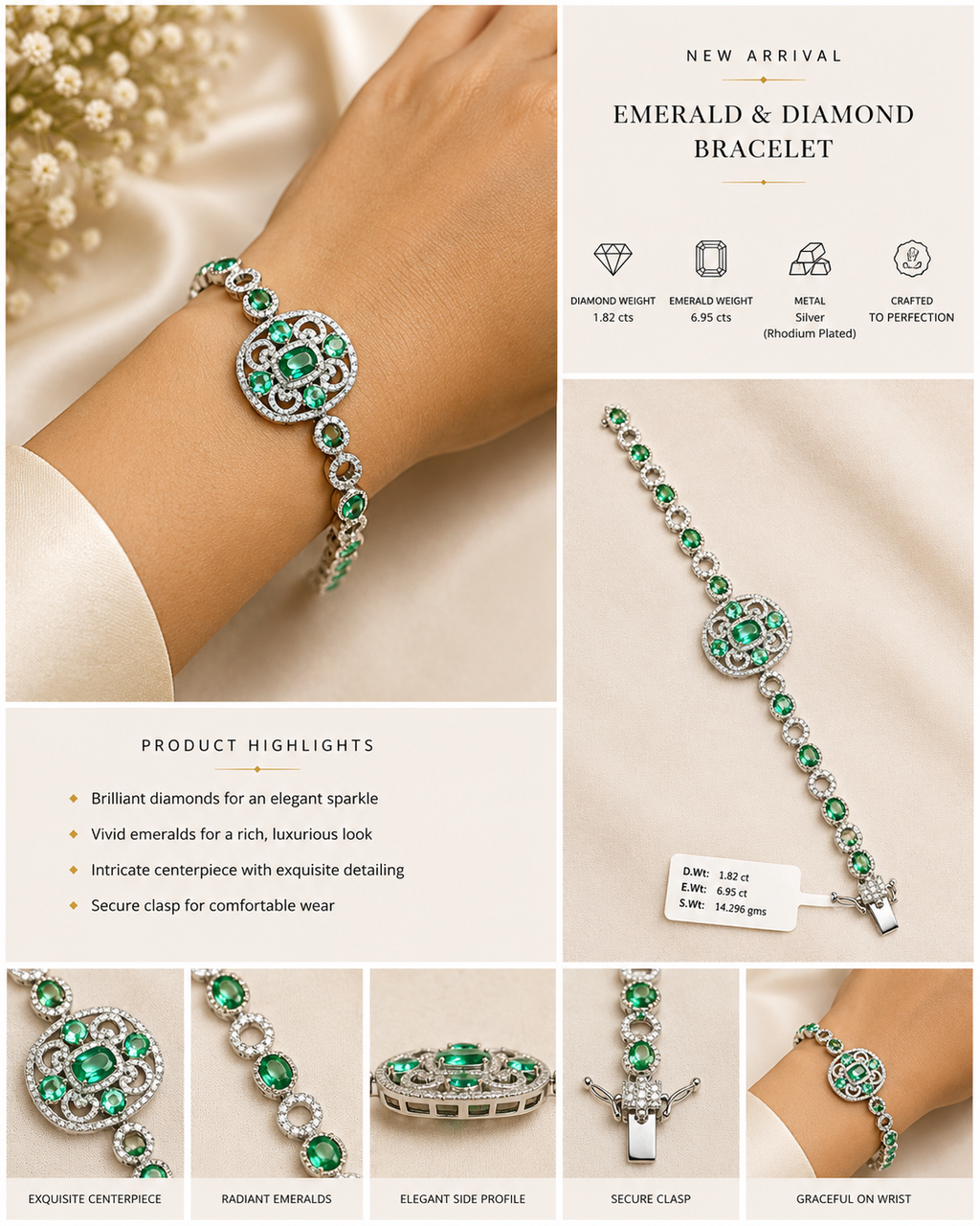 Emerald & Diamond Tennis Bracelet in Sterling Silver
