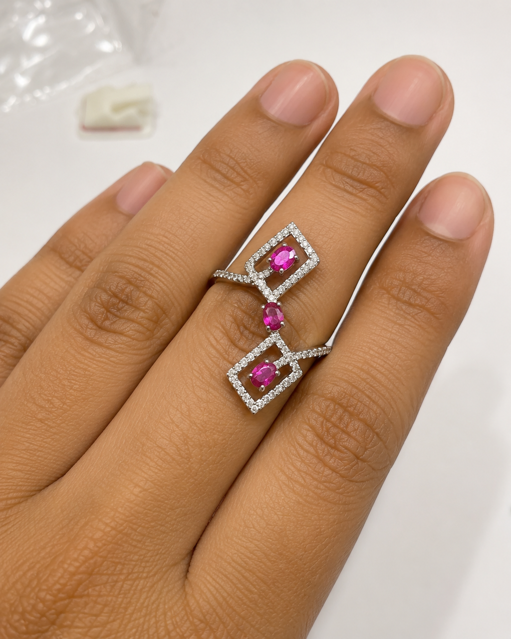Unheated Ruby & Diamond Geometric Triple-Rectangle Ring in Sterling Silver