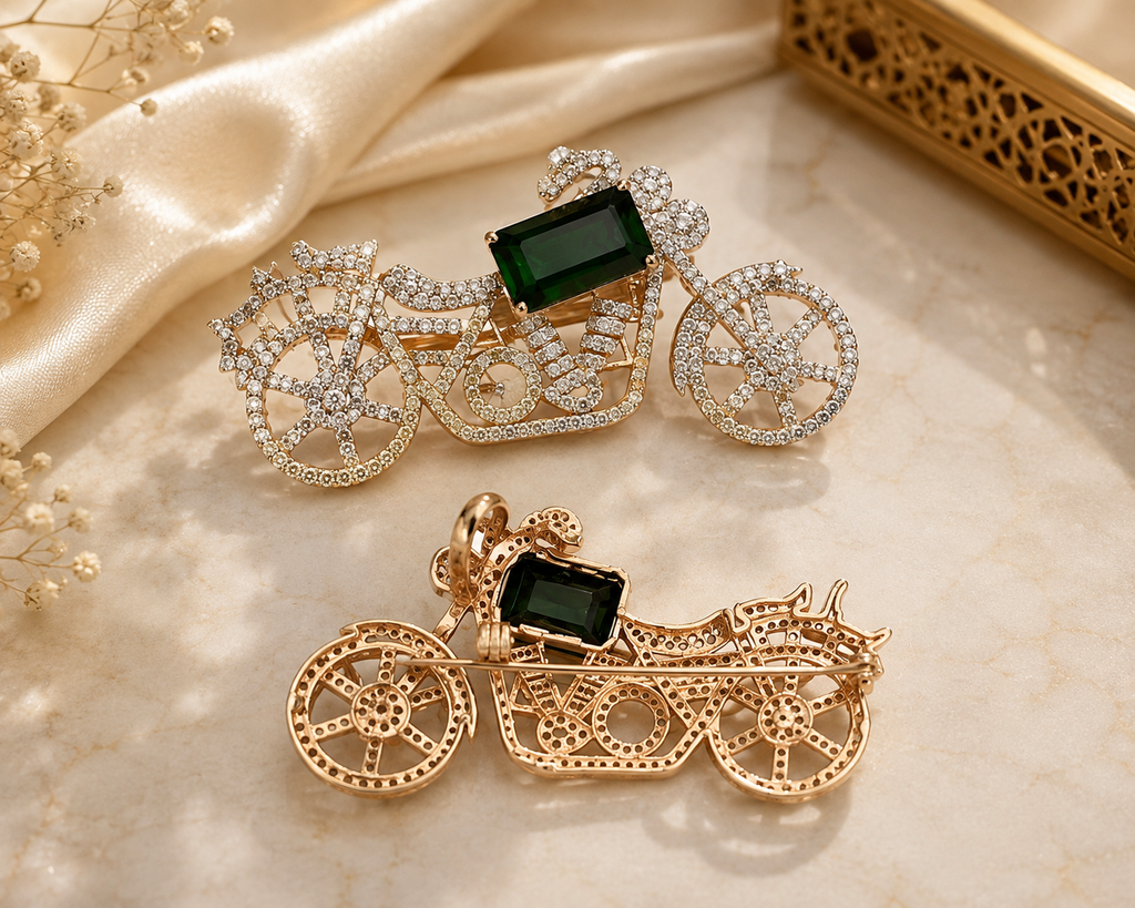 Green Tourmaline & Diamond Motorcycle Brooch – N8476