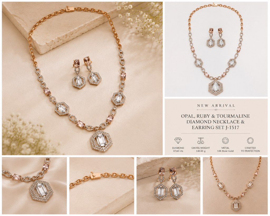 Aquamarine, Morganite & Diamond Necklace & Earring Set in Rose Gold Silver
