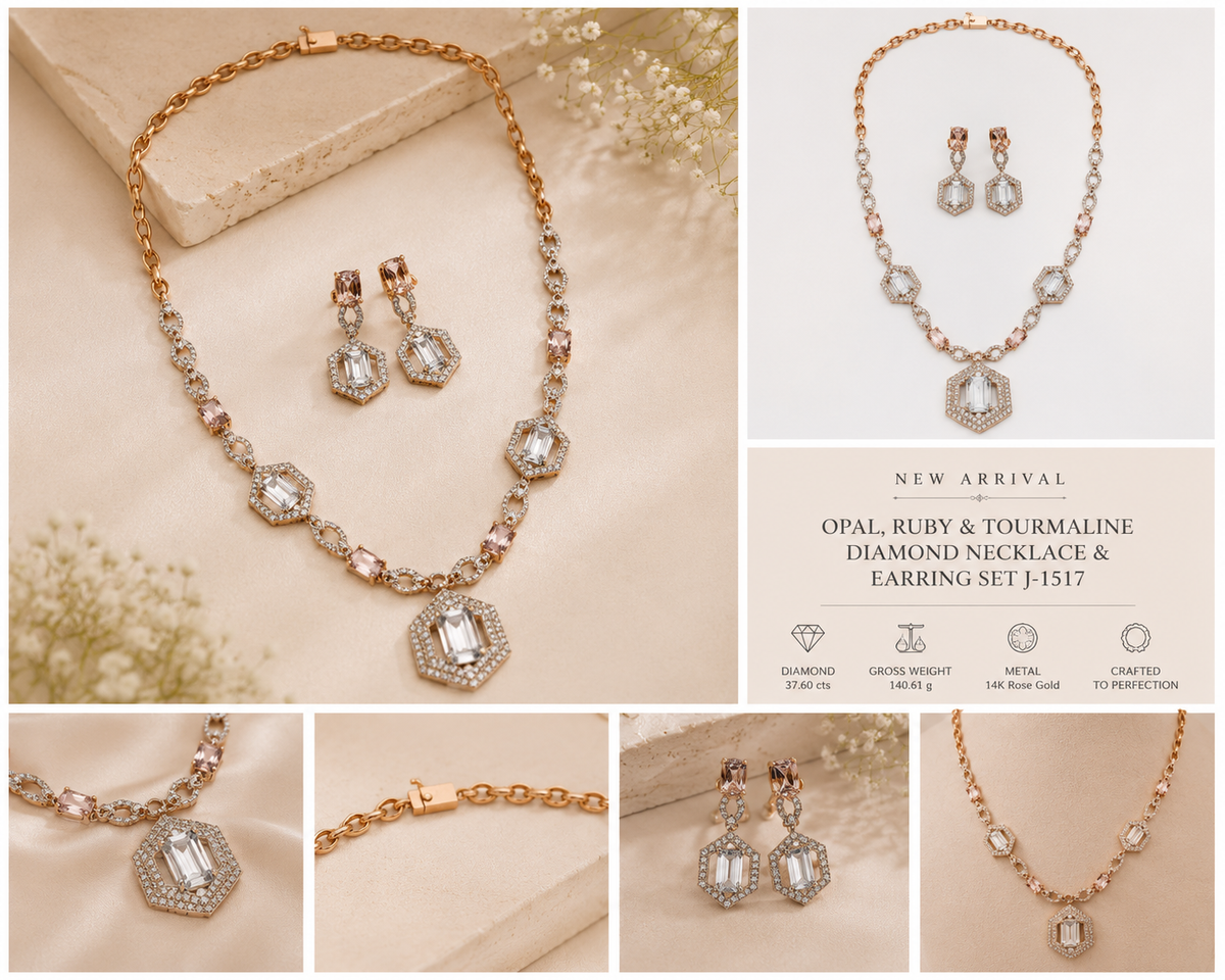 Aquamarine, Morganite & Diamond Necklace & Earring Set in Rose Gold Silver