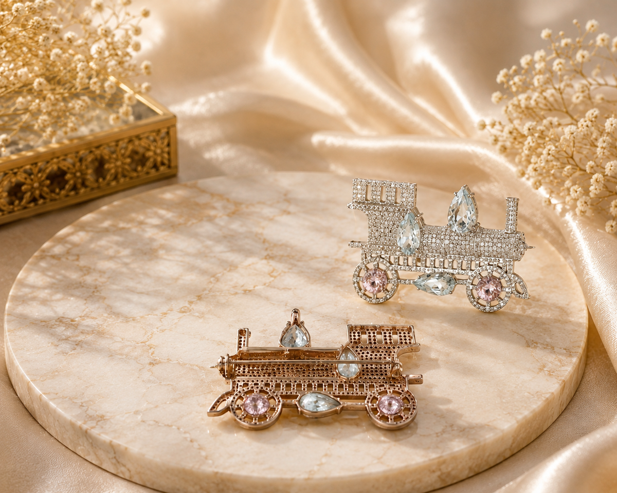 Aquamarine, Morganite & Diamond Train Brooch – N8958