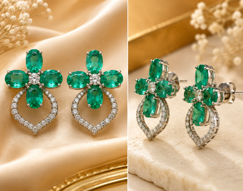 Emerald & Diamond Flower Stud Earrings – H1623A