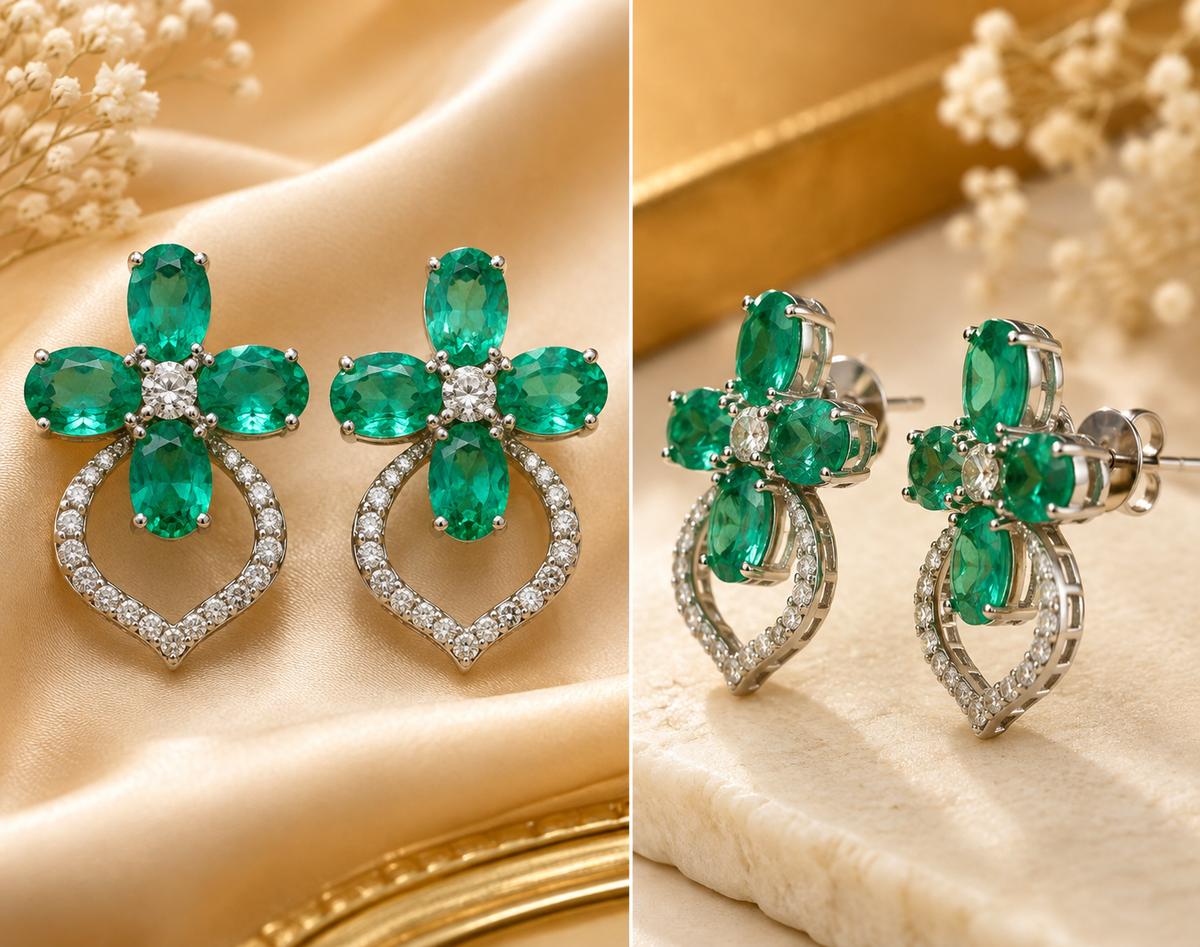 Emerald & Diamond Flower Stud Earrings – H1623A