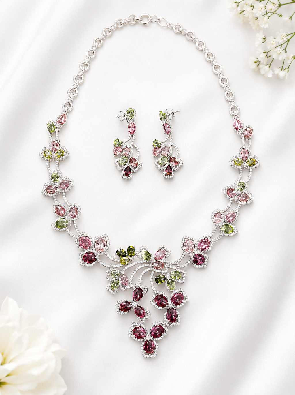 Multi-Tourmaline & Diamond Floral Necklace & Earring Set – N1186
