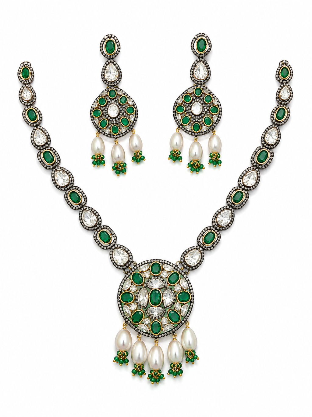 Polki Diamond, Emerald & Pearl Victorian Necklace & Earring Set in Silver