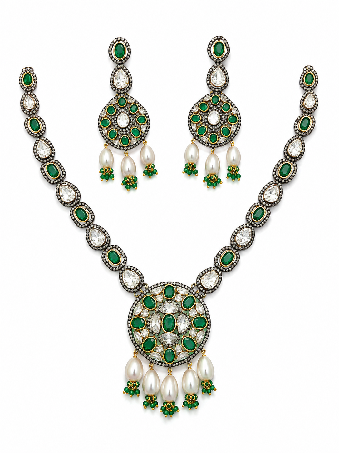 Polki Diamond, Emerald & Pearl Victorian Necklace & Earring Set in Silver