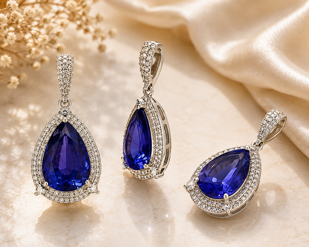 Pear Tanzanite & Diamond Halo Pendant – N5555