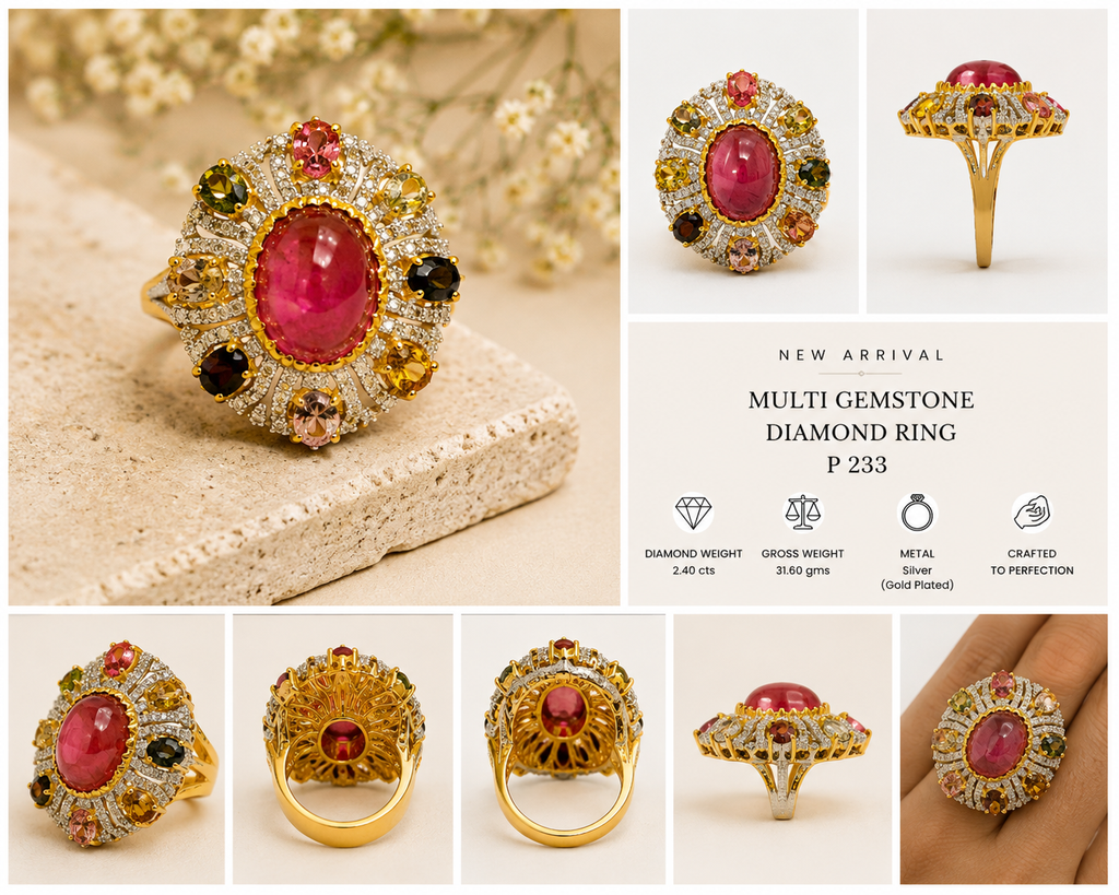 Pink Tourmaline Cabochon & Multi-Colour Tourmaline Diamond Cocktail Ring