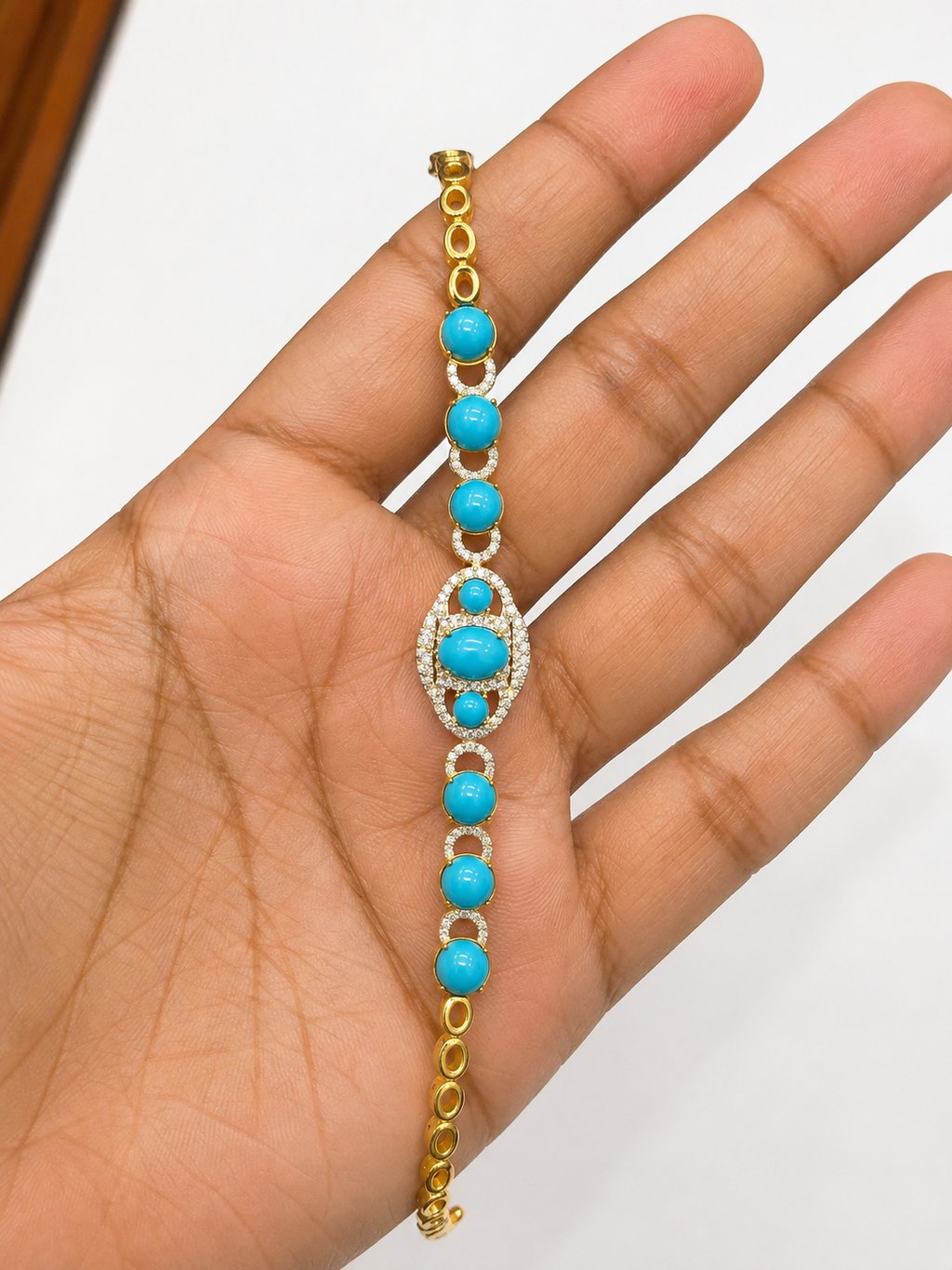 Turquoise Cabochon & Diamond Bracelet in Gold-Plated Silver