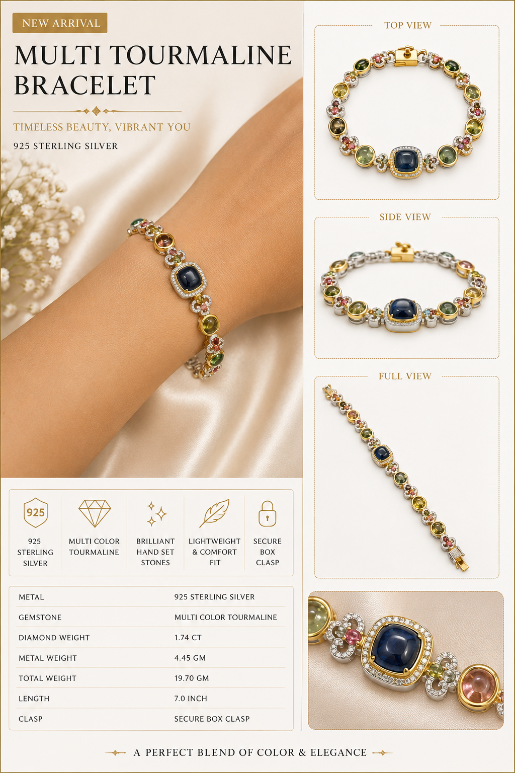 Multi-Colour Tourmaline Cabochon & Diamond Bracelet in Gold-Plated Silver