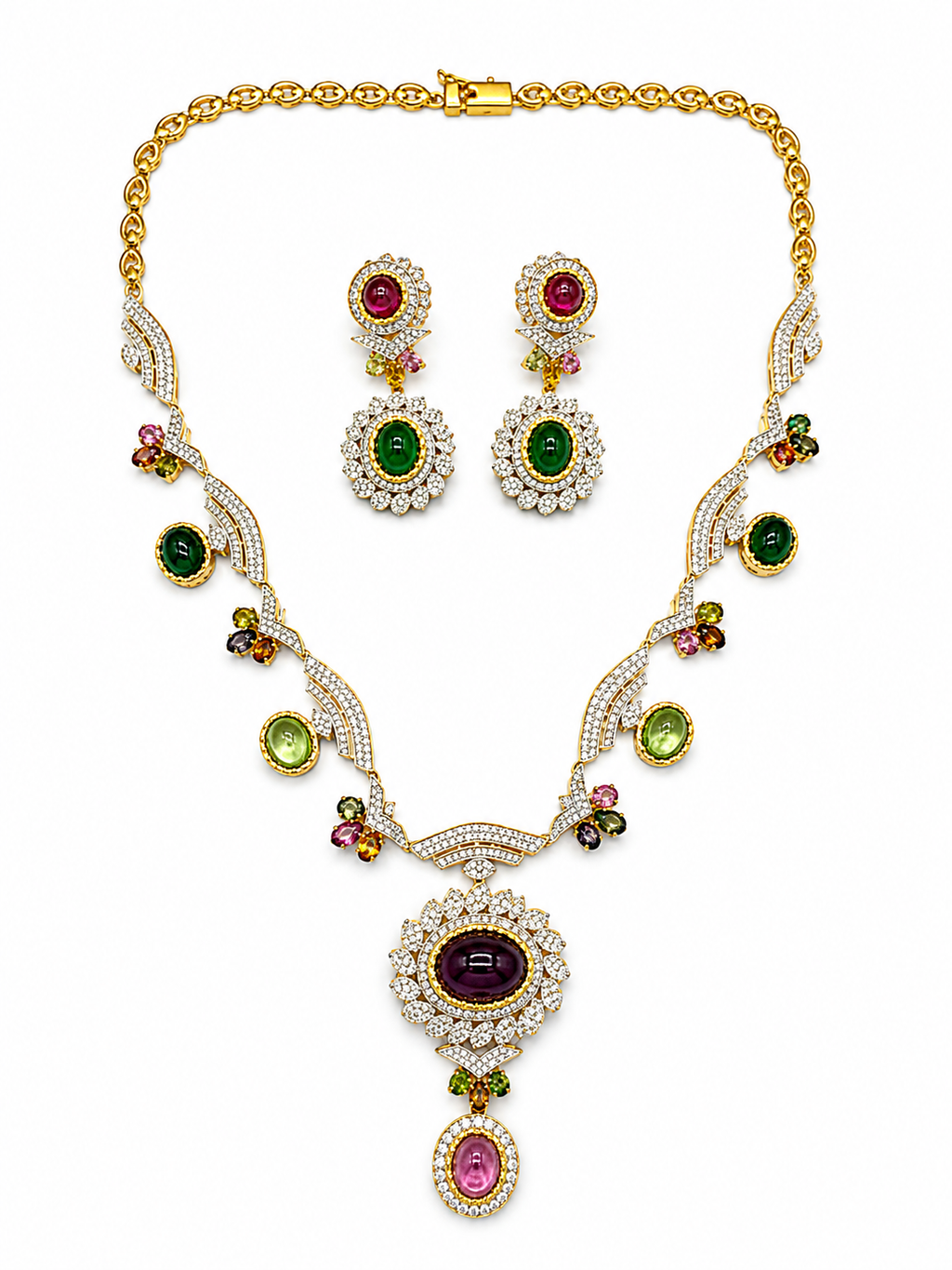 Multi-Colour &  Ruby Lite Tourmaline Diamond Necklace & Earring Set in Gold-Plated Silver