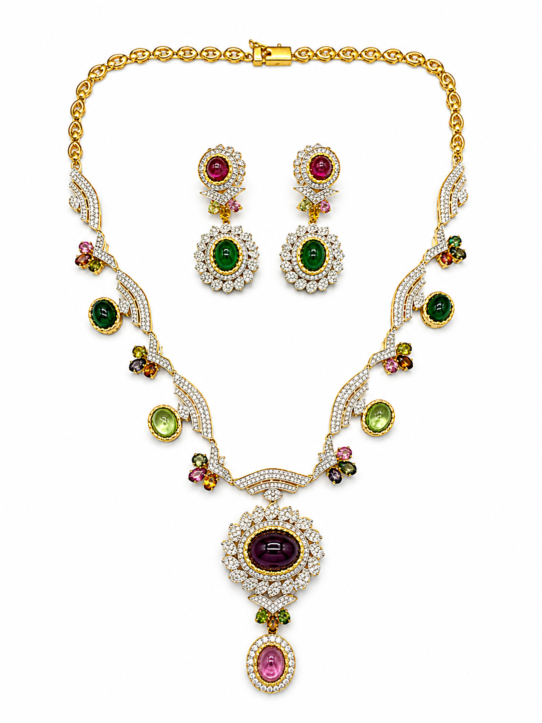 Multi-Colour &  Ruby Lite Tourmaline Diamond Necklace & Earring Set in Gold-Plated Silver
