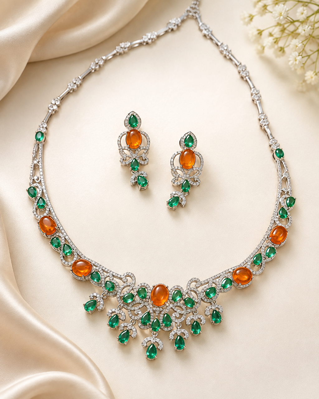 Fanta Garnet, Emerald & Diamond Floral Necklace – N6260