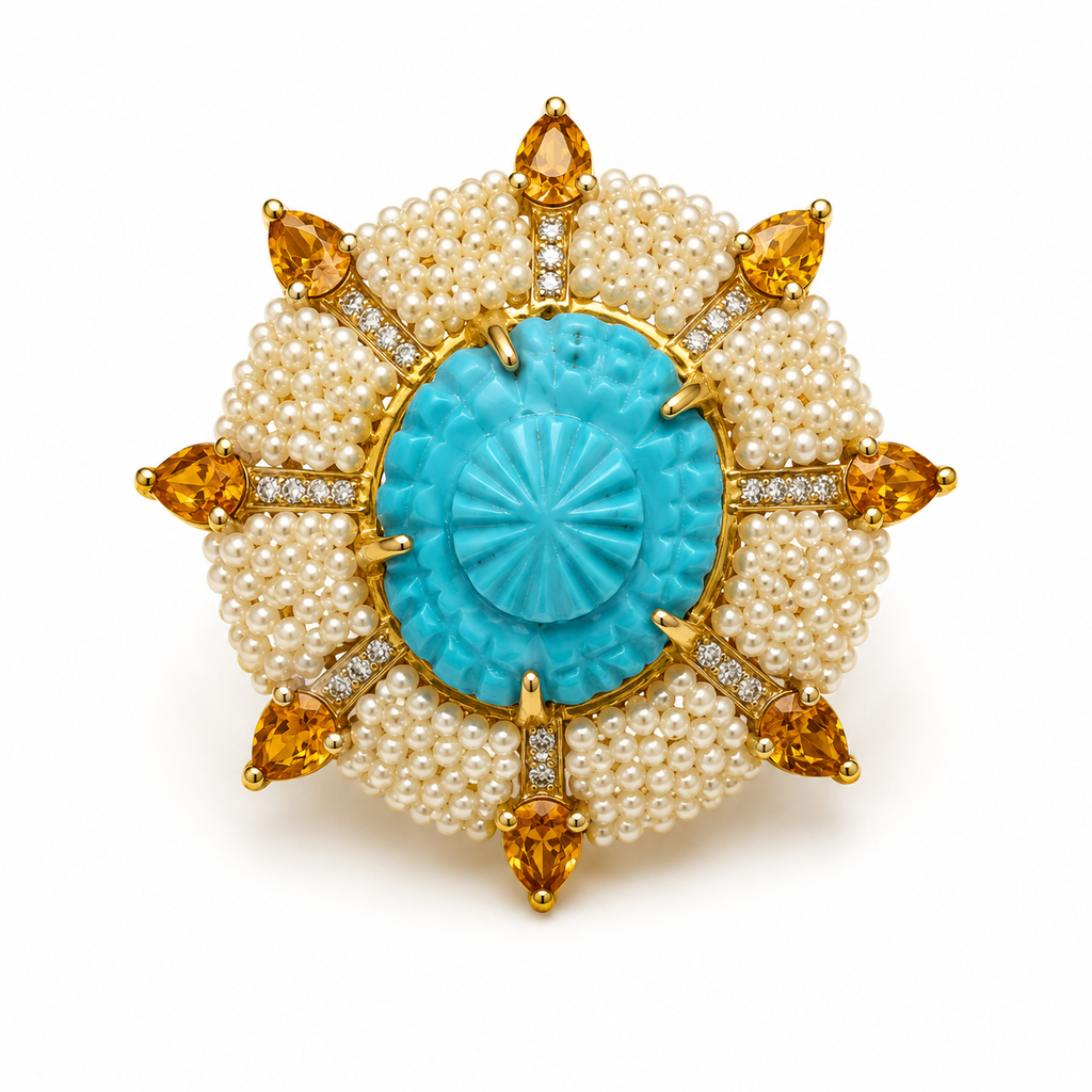 Carved Turquoise, Seed Pearl & Mandarin Garnet Diamond Ring in Gold-Plated Silver
