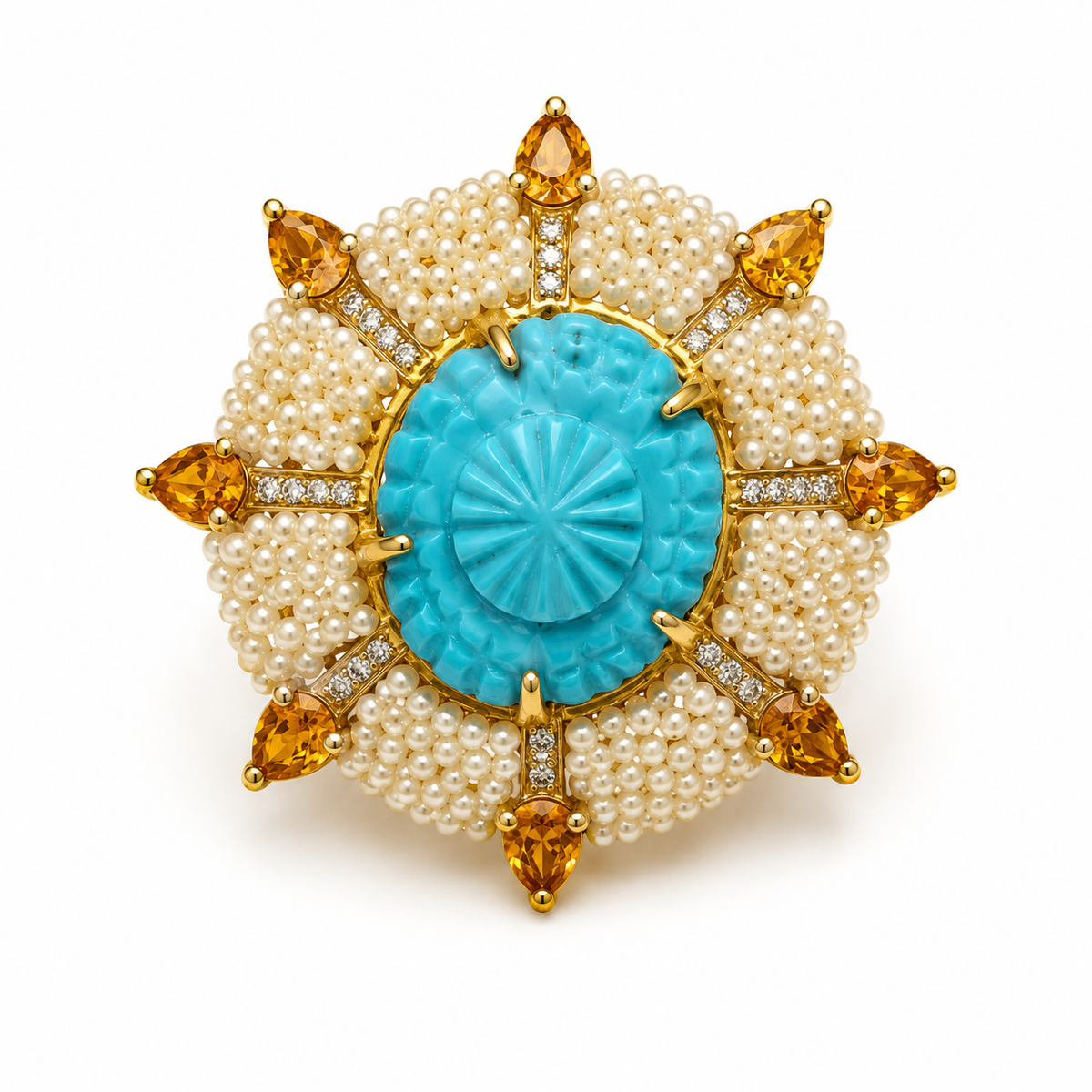 Carved Turquoise, Seed Pearl & Mandarin Garnet Diamond Ring in Gold-Plated Silver