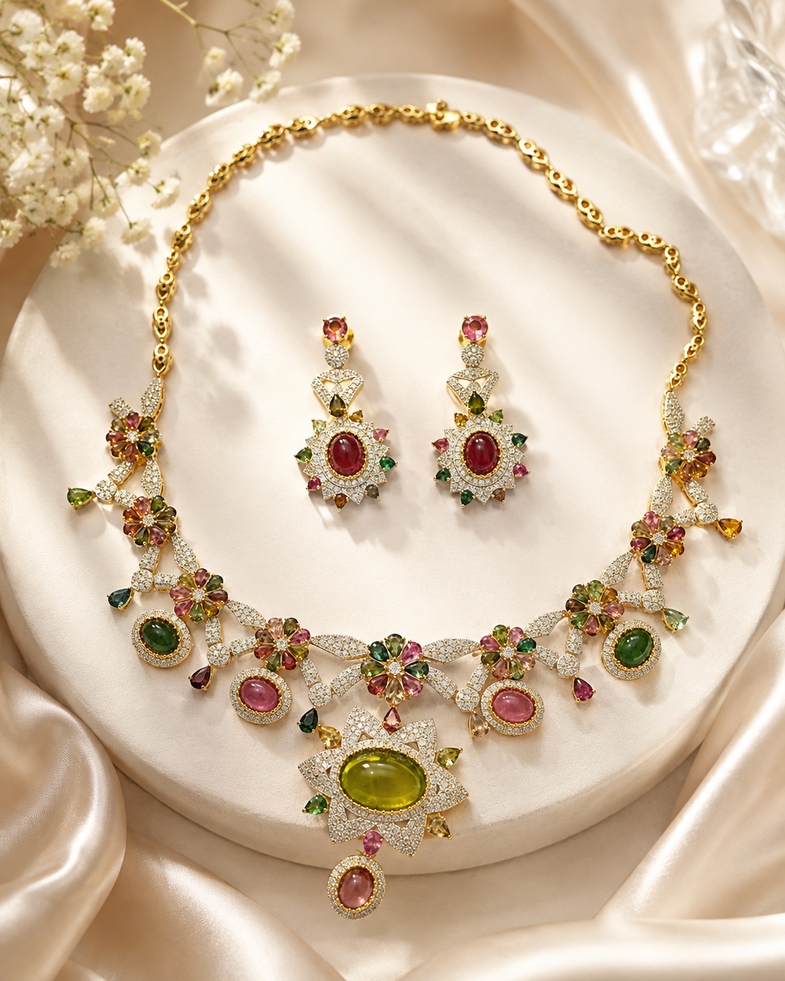 Multi-Tourmaline & Diamond Necklace Set with Earrings – P 618