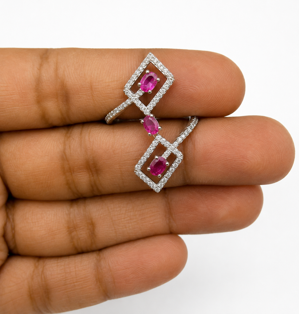 Unheated Ruby & Diamond Geometric Triple-Rectangle Ring in Sterling Silver