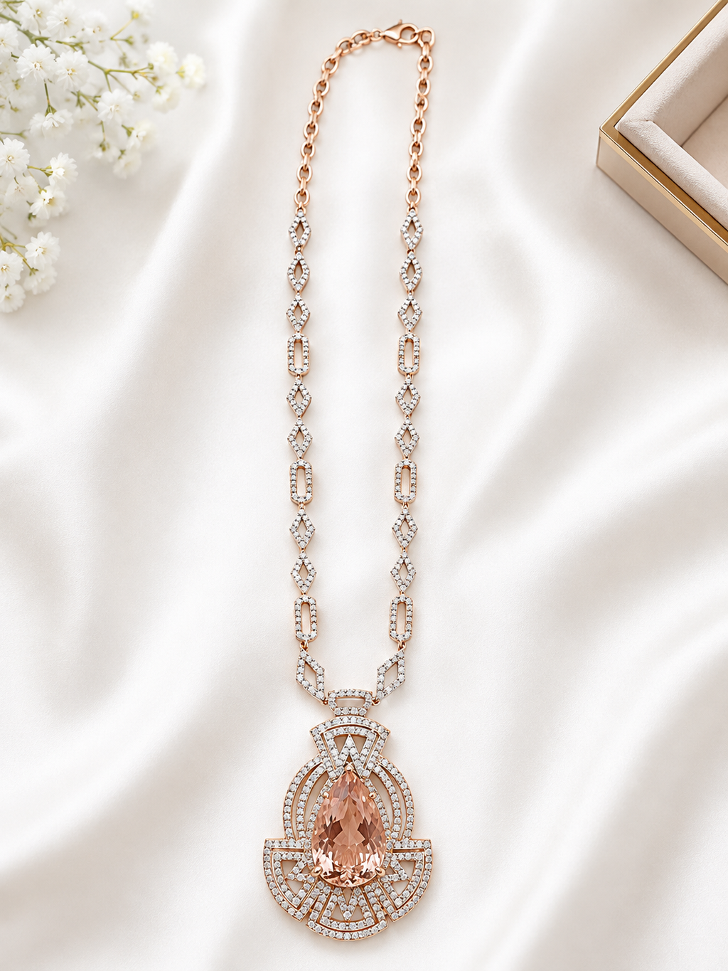 Pink Morganite & Diamond Art Deco Pendant Necklace – N8717