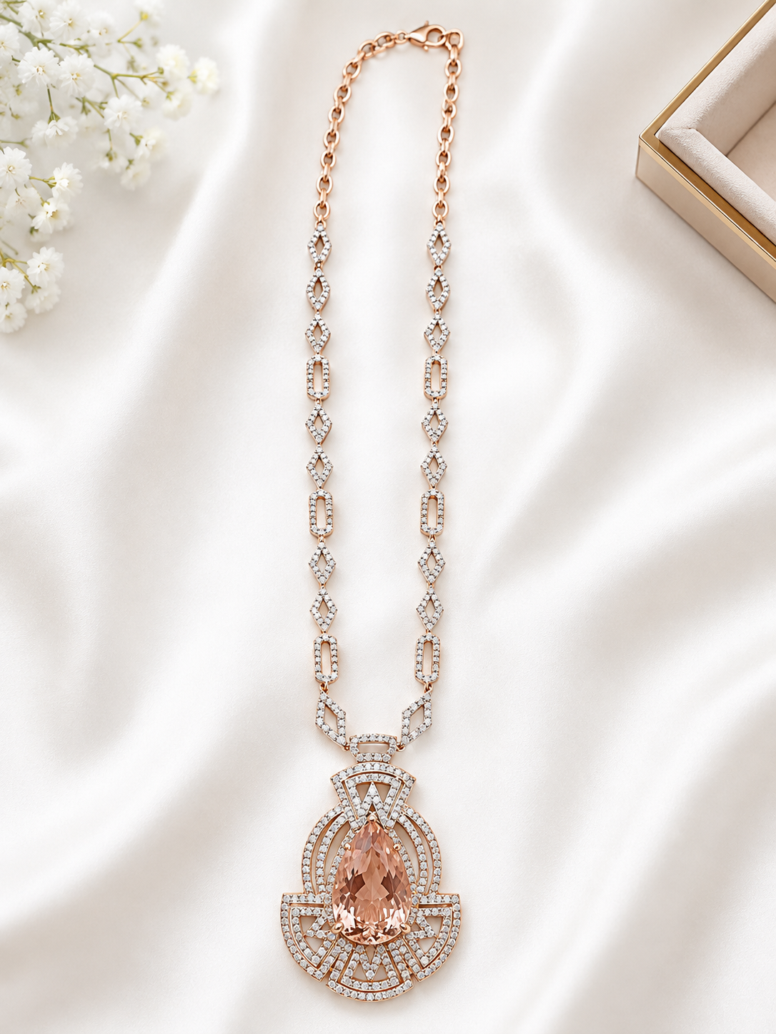 Pink Morganite & Diamond Art Deco Pendant Necklace – N8717