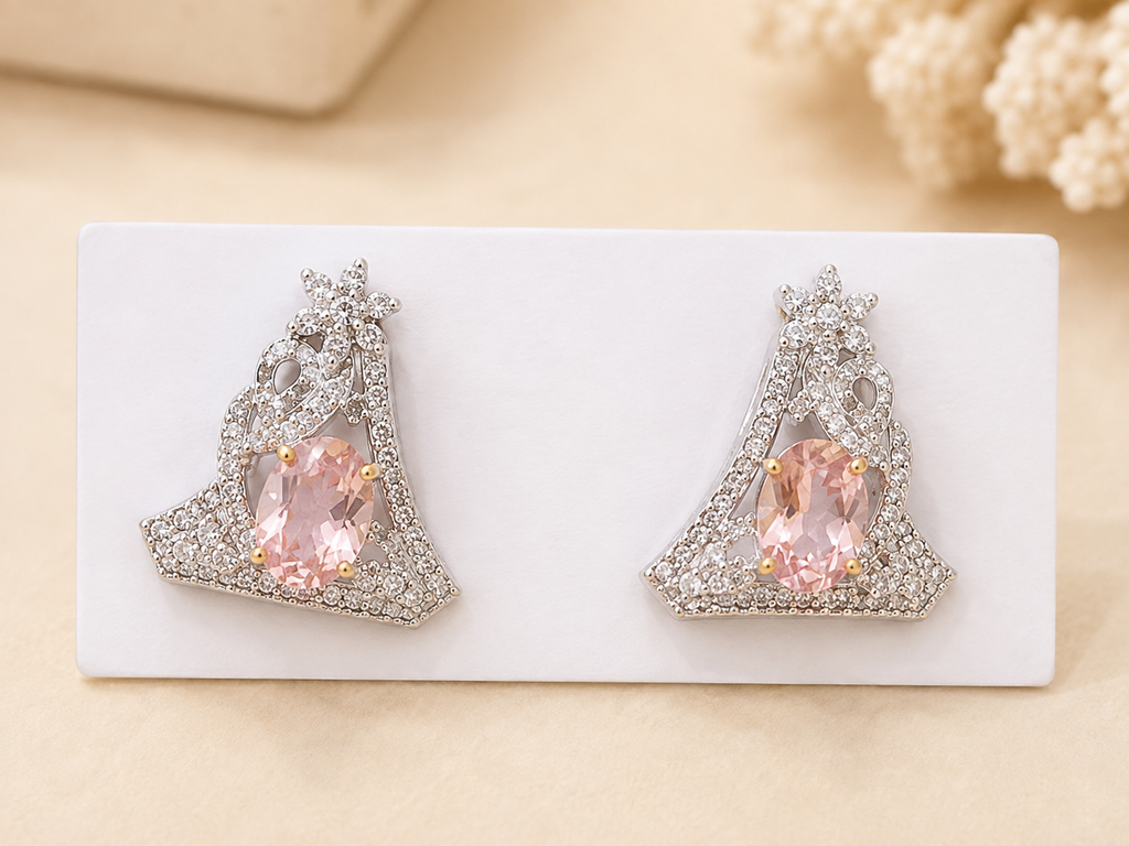 Pink Morganite & Diamond Triangular Stud Earrings – N6856