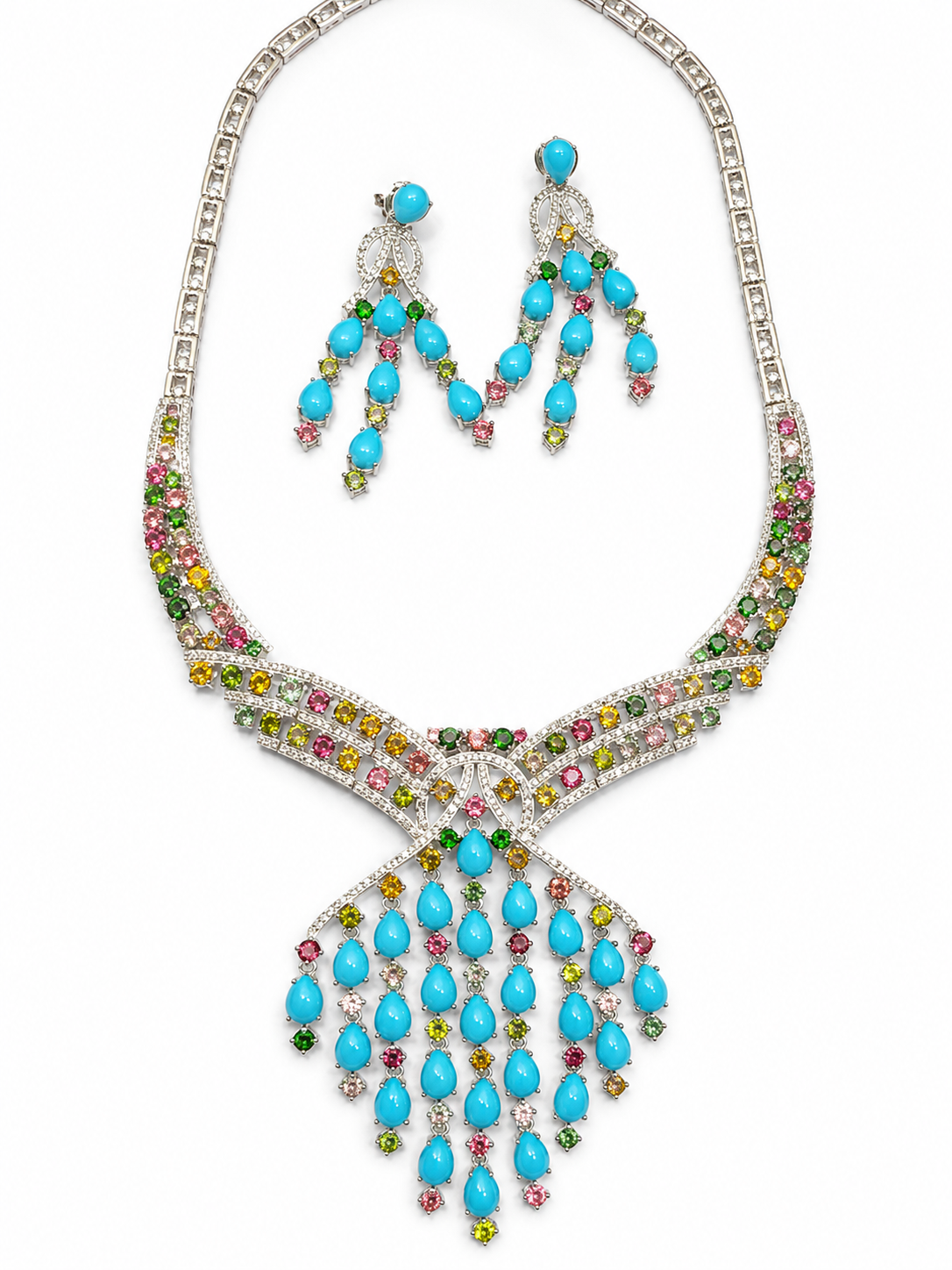 Turquoise, Multi-Colour Tourmaline & Diamond Necklace & Earring Set in Sterling Silver