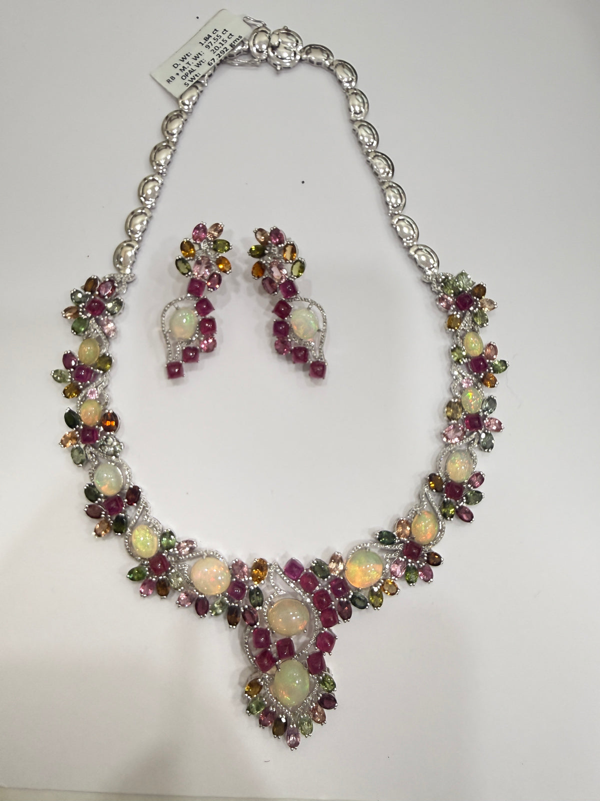 Ethiopian Opal, Ruby & Tourmaline Diamond Necklace & Earring Set J-1517