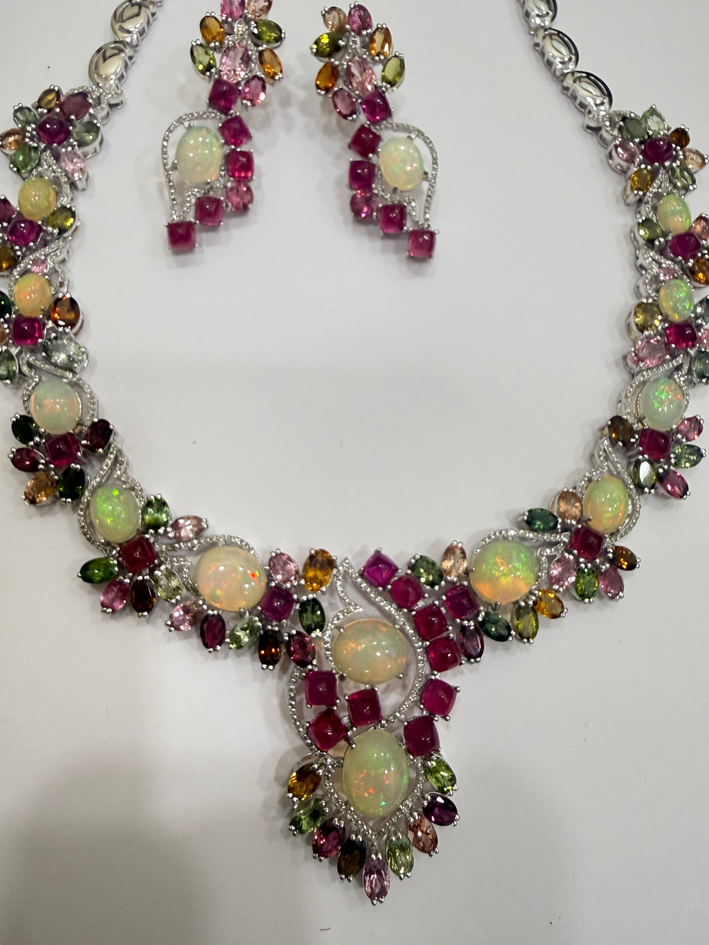 Ethiopian Opal, Ruby & Tourmaline Diamond Necklace & Earring Set J-1517