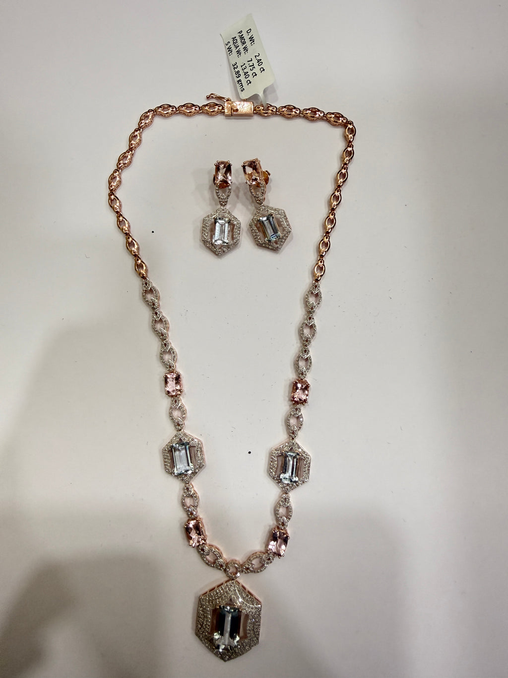 Aquamarine, Morganite & Diamond Necklace & Earring Set in Rose Gold Silver