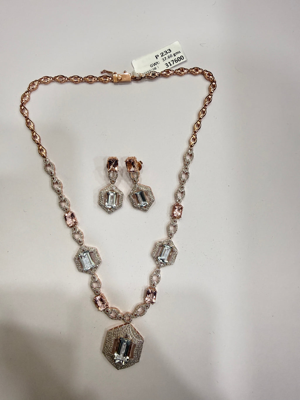 Aquamarine, Morganite & Diamond Necklace & Earring Set in Rose Gold Silver