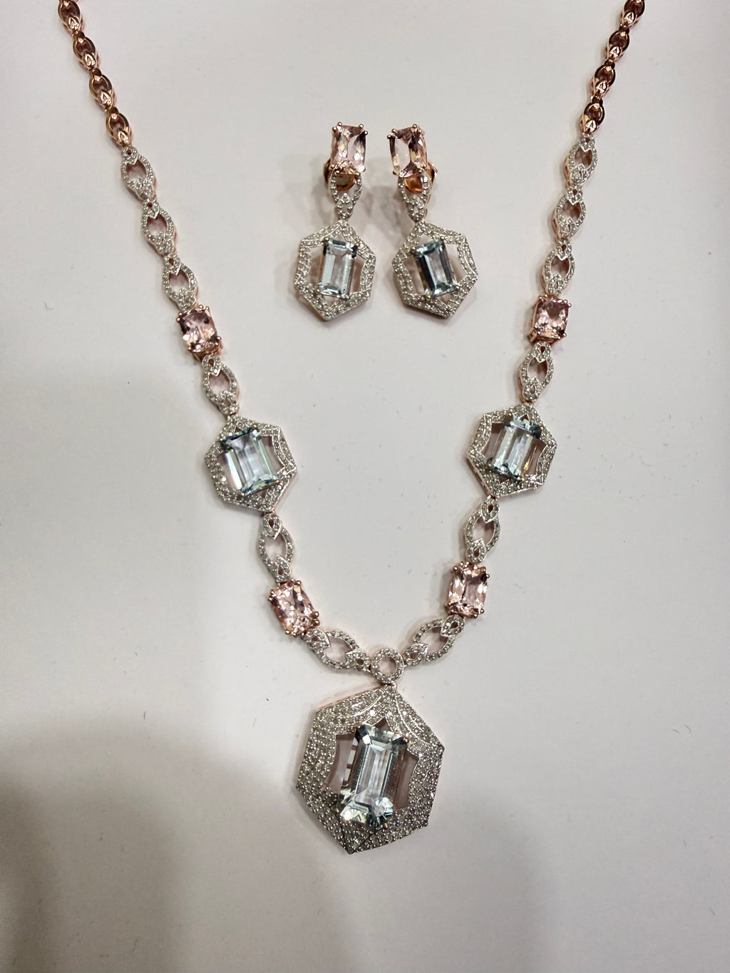 Aquamarine, Morganite & Diamond Necklace & Earring Set in Rose Gold Silver