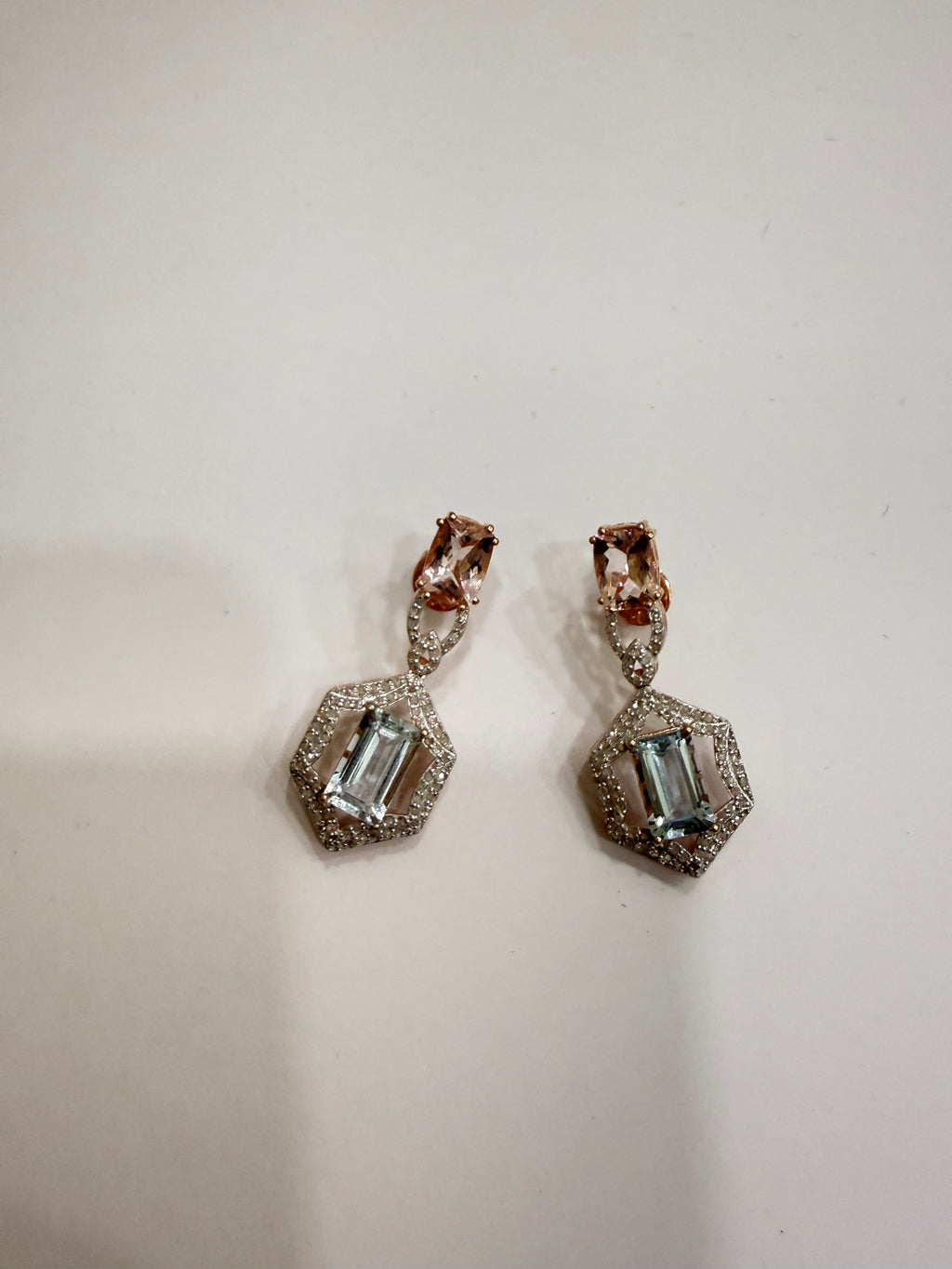 Aquamarine, Morganite & Diamond Necklace & Earring Set in Rose Gold Silver