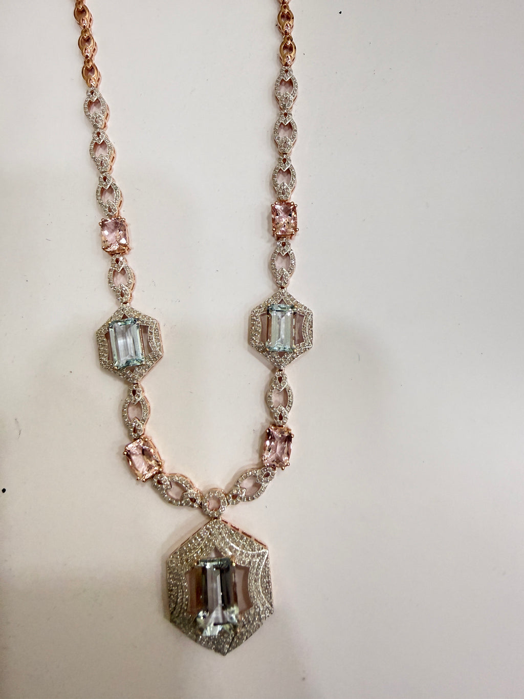 Aquamarine, Morganite & Diamond Necklace & Earring Set in Rose Gold Silver