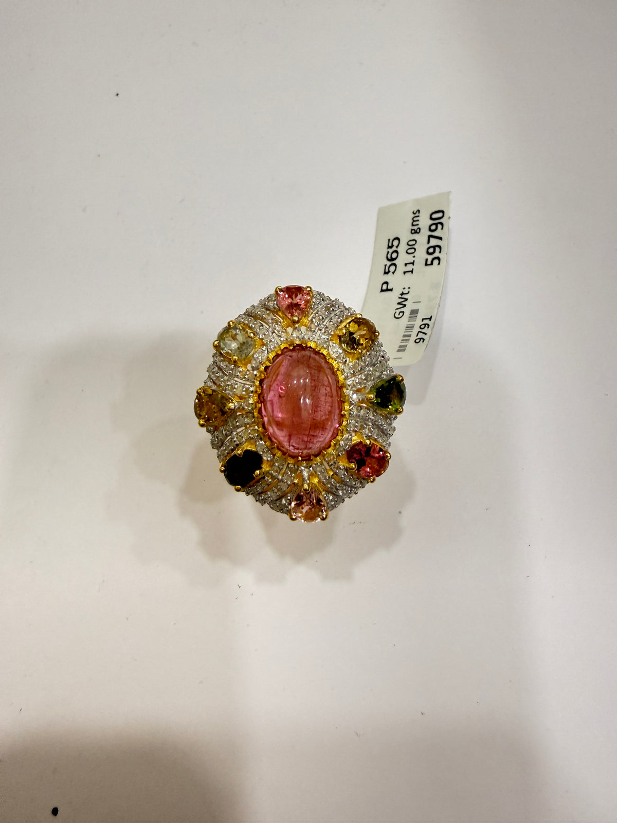 Pink Tourmaline Cabochon & Multi-Colour Tourmaline Diamond Cocktail Ring