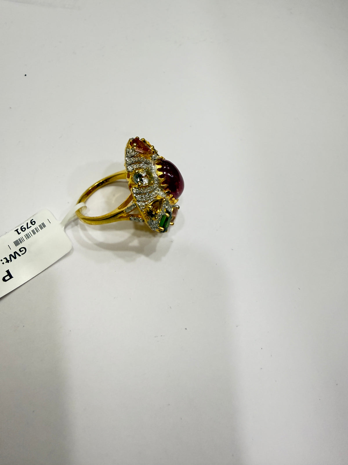 Pink Tourmaline Cabochon & Multi-Colour Tourmaline Diamond Cocktail Ring