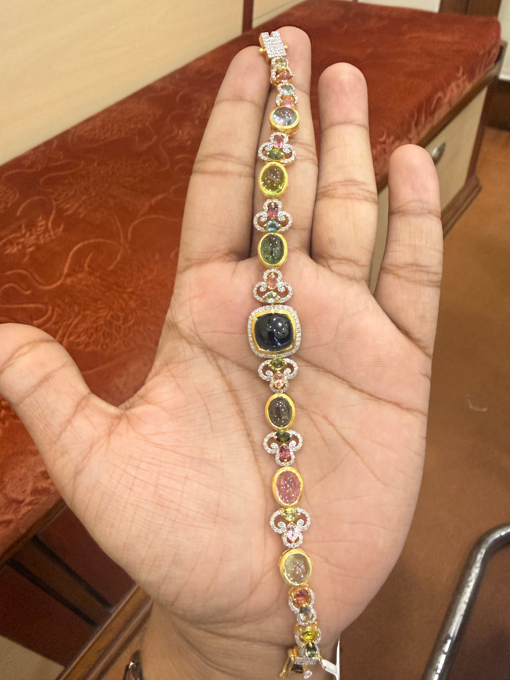Multi-Colour Tourmaline Cabochon & Diamond Bracelet in Gold-Plated Silver