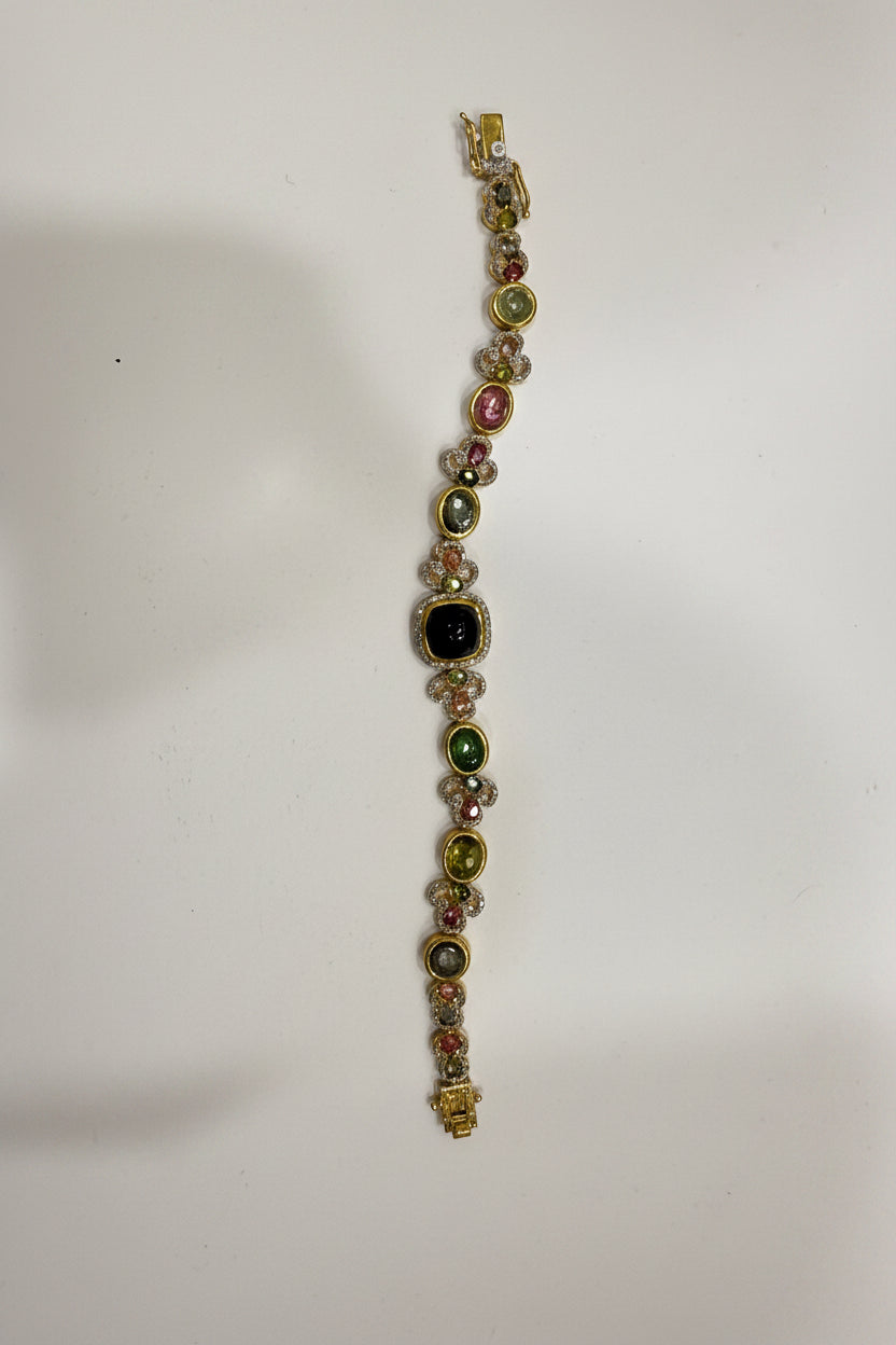 Multi-Colour Tourmaline Cabochon & Diamond Bracelet in Gold-Plated Silver