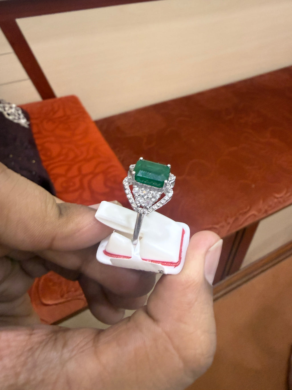 Emerald & Rose Cut Diamond Cocktail Ring in Sterling Silver