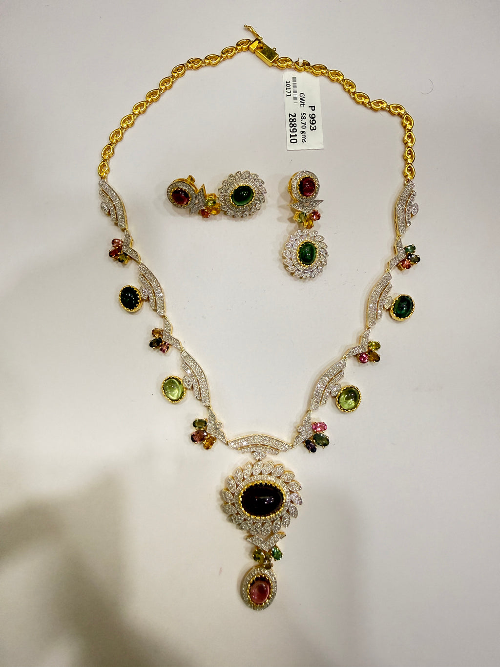Multi-Colour &  Ruby Lite Tourmaline Diamond Necklace & Earring Set in Gold-Plated Silver