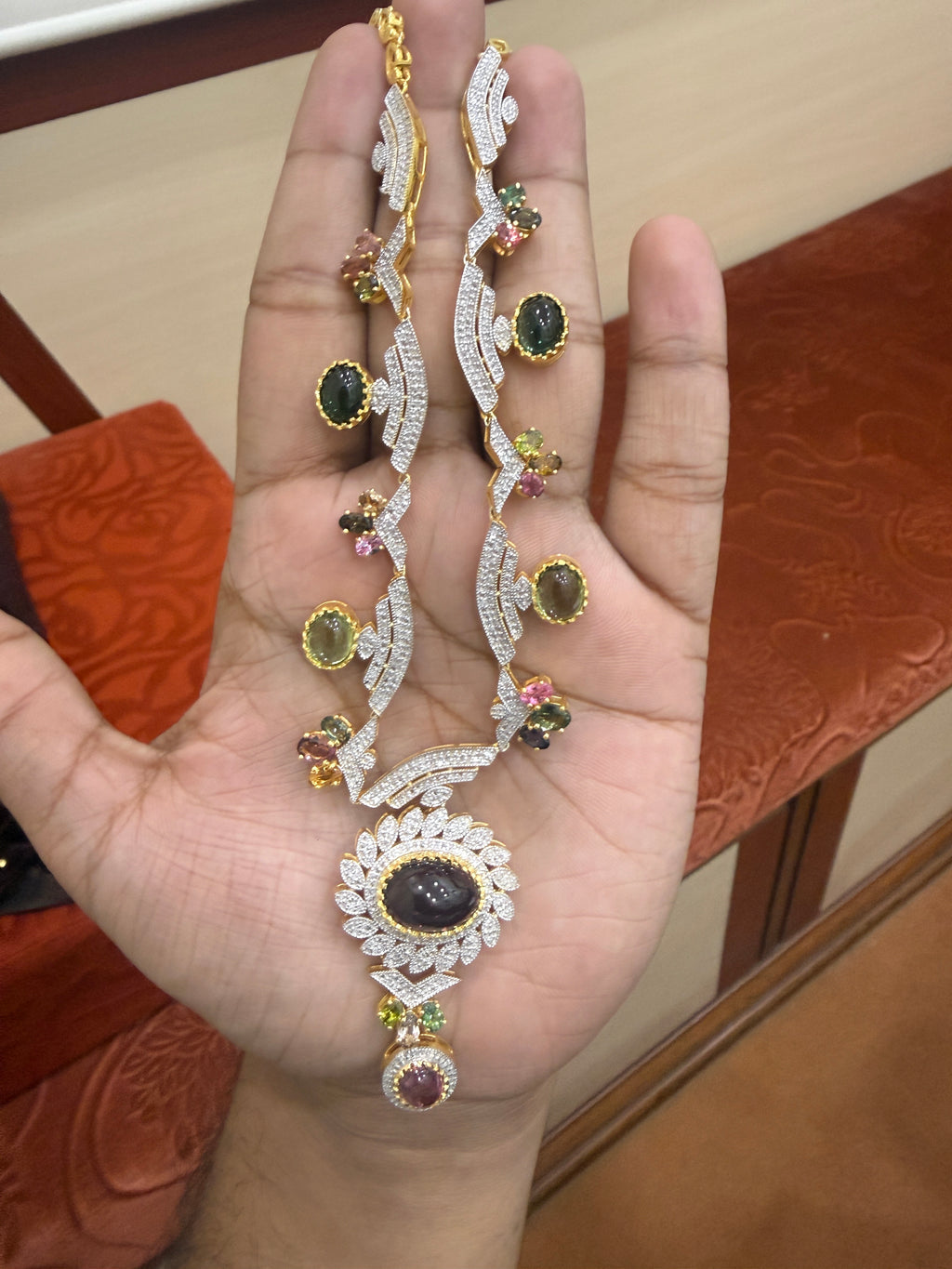 Multi-Colour &  Ruby Lite Tourmaline Diamond Necklace & Earring Set in Gold-Plated Silver