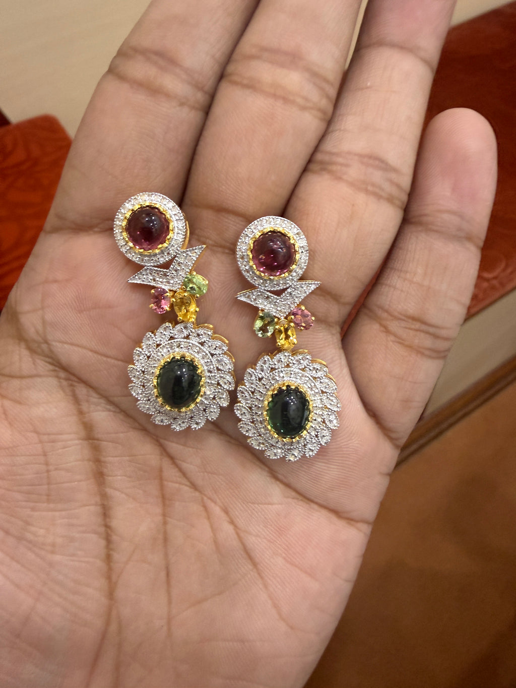 Multi-Colour &  Ruby Lite Tourmaline Diamond Necklace & Earring Set in Gold-Plated Silver