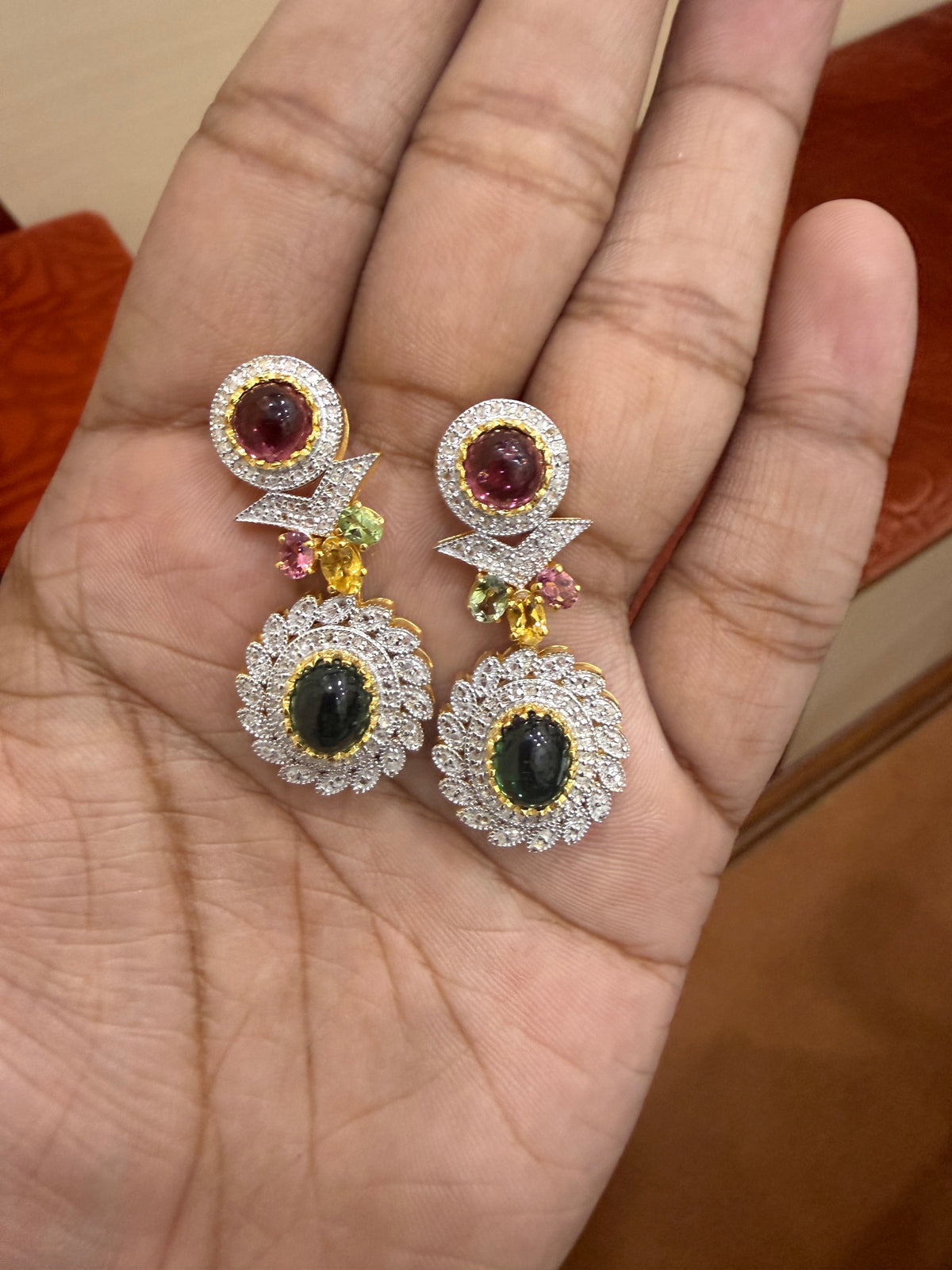 Multi-Colour &  Ruby Lite Tourmaline Diamond Necklace & Earring Set in Gold-Plated Silver