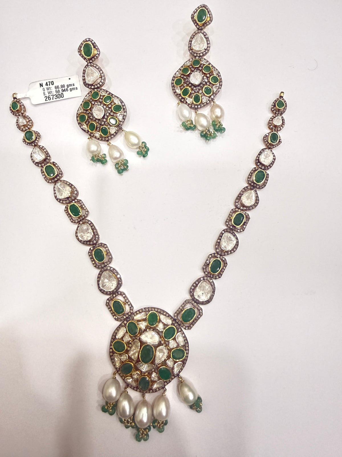 Polki Diamond, Emerald & Pearl Victorian Necklace & Earring Set in Silver