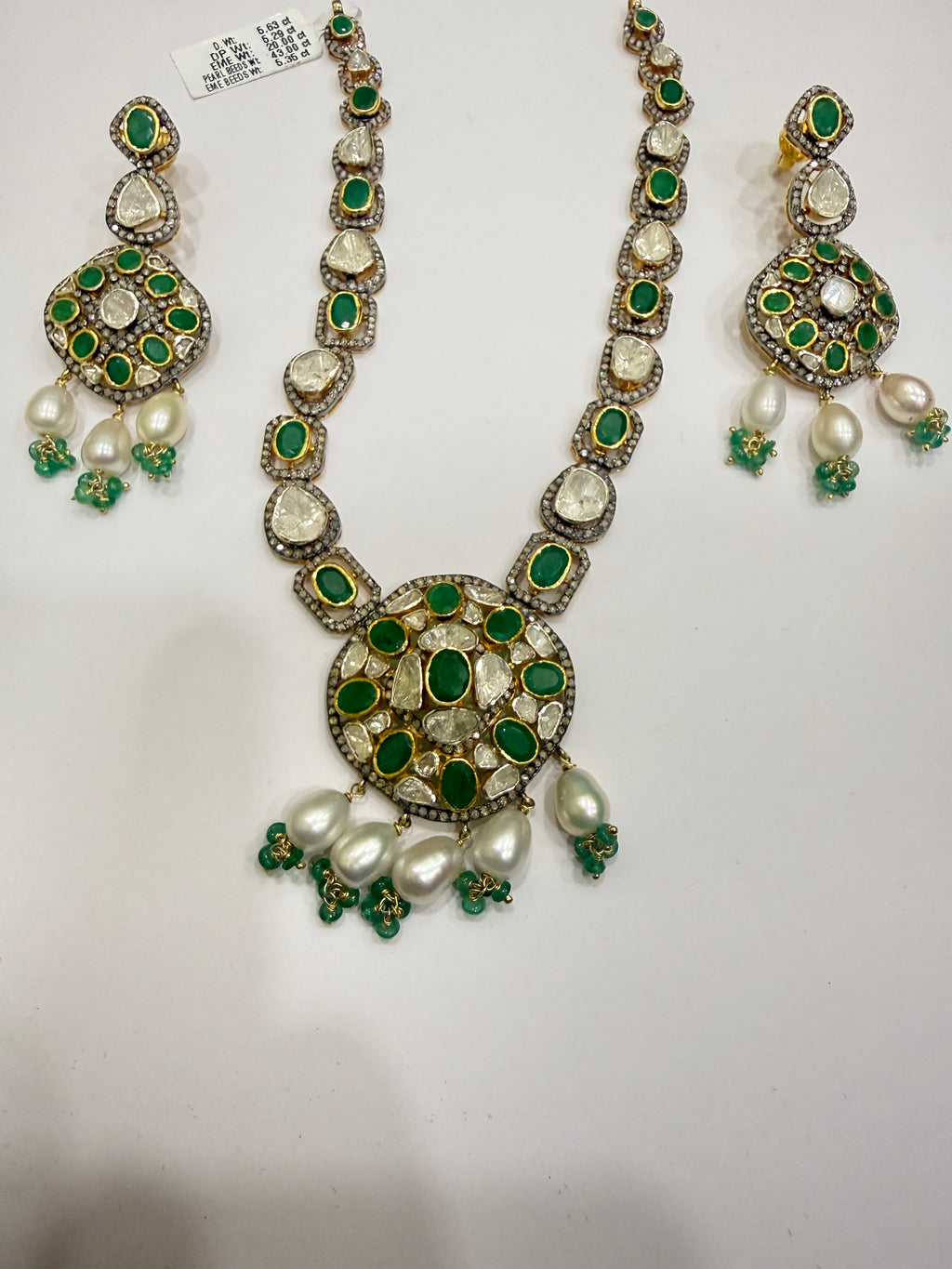 Polki Diamond, Emerald & Pearl Victorian Necklace & Earring Set in Silver