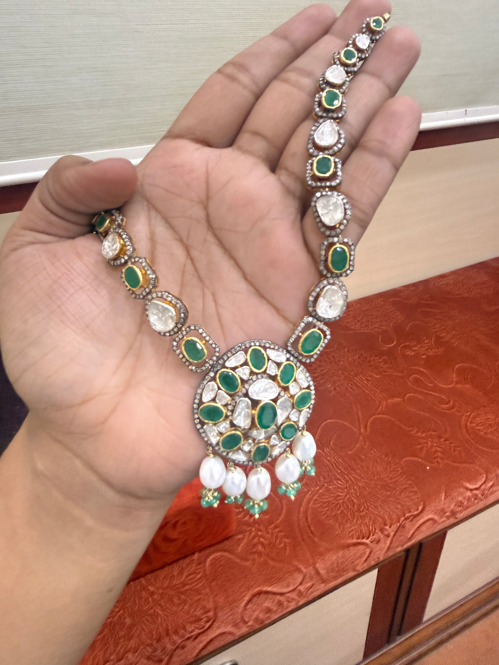 Polki Diamond, Emerald & Pearl Victorian Necklace & Earring Set in Silver