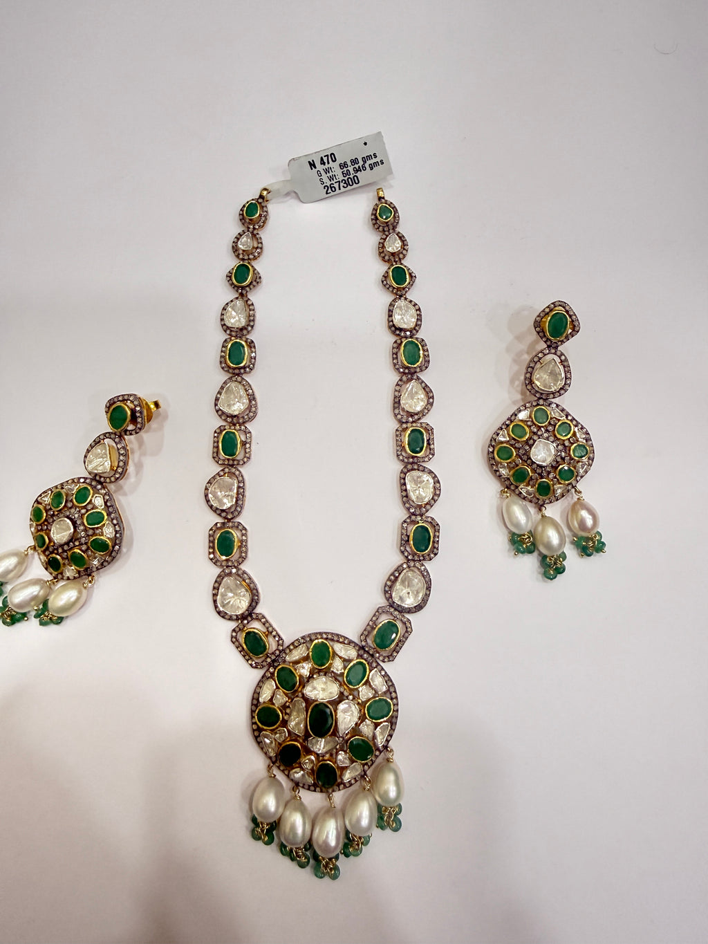 Polki Diamond, Emerald & Pearl Victorian Necklace & Earring Set in Silver